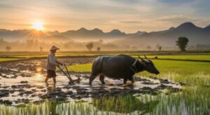 Asian Farming with A water Buffalo